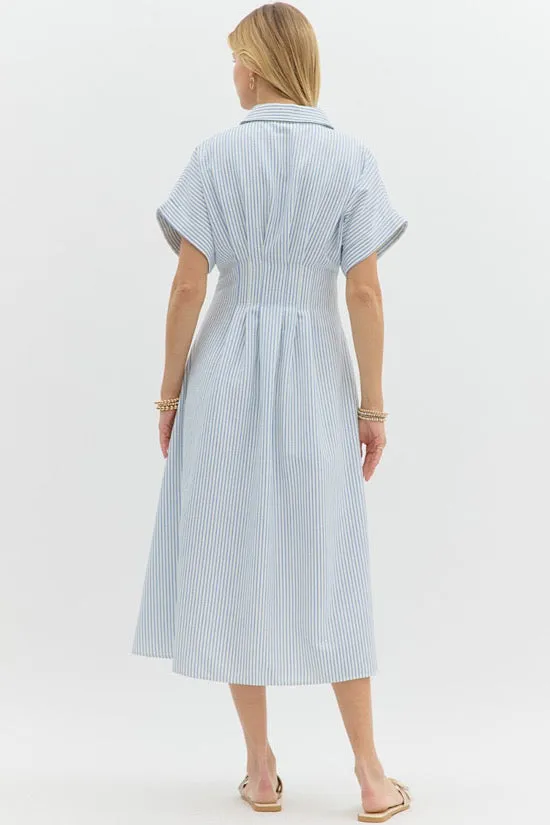 Blue Stripe Pintuck Midi Dress