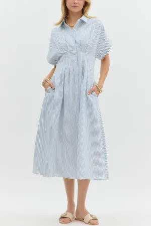Blue Stripe Pintuck Midi Dress