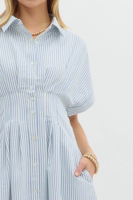 Blue Stripe Pintuck Midi Dress