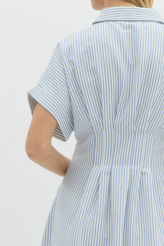 Blue Stripe Pintuck Midi Dress