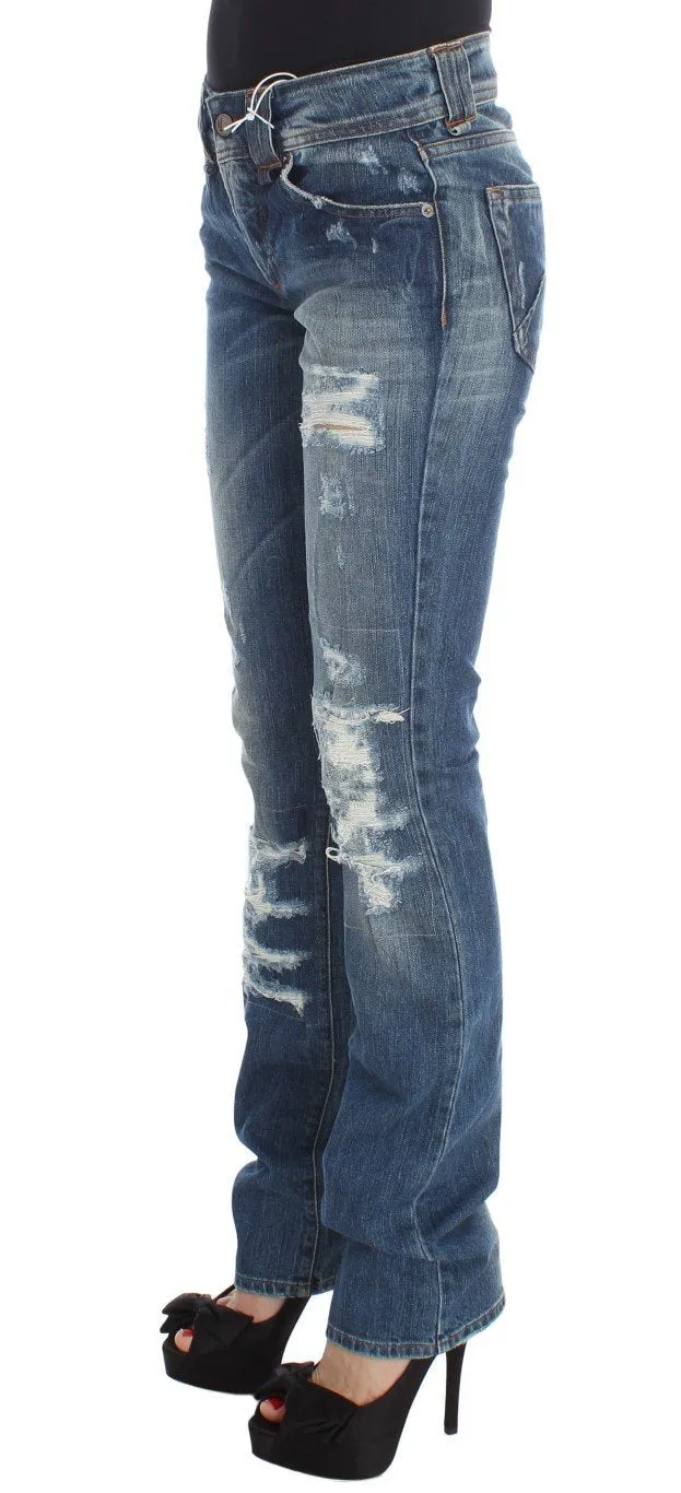 Blue Wash Cotton Blend Slim Fit Bootcut Jeans