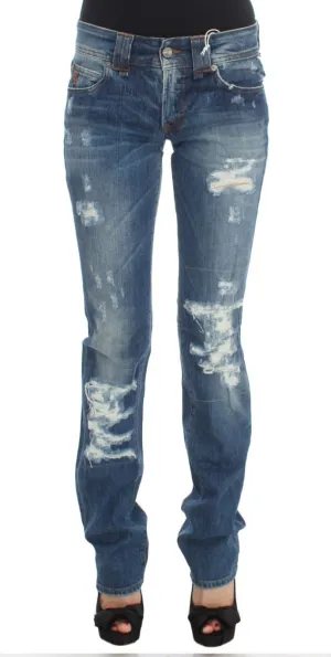 Blue Wash Cotton Blend Slim Fit Bootcut Jeans