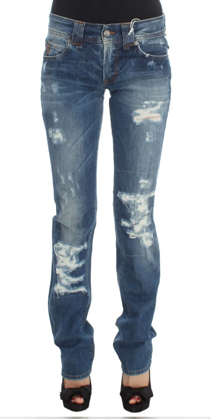 Blue Wash Cotton Blend Slim Fit Bootcut Jeans