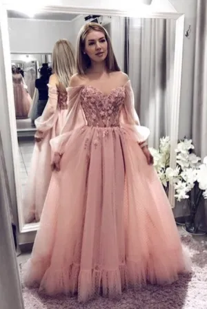 Blush Pink Prom Dresses With Long Sleeves A Line Elegant Evening Dress with Applique