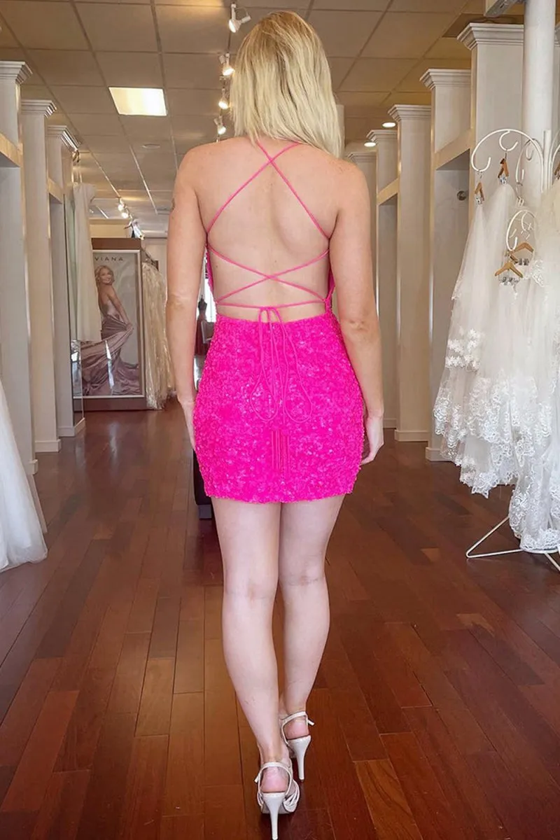 Bodycon Sequins Spaghetti Straps Short Homecoming Dresses with Criss Cross Back