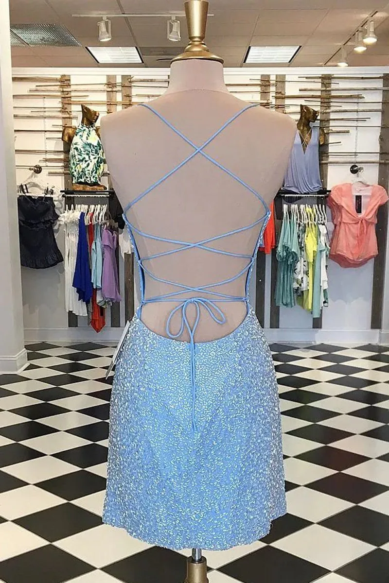 Bodycon Sequins Spaghetti Straps Short Homecoming Dresses with Criss Cross Back