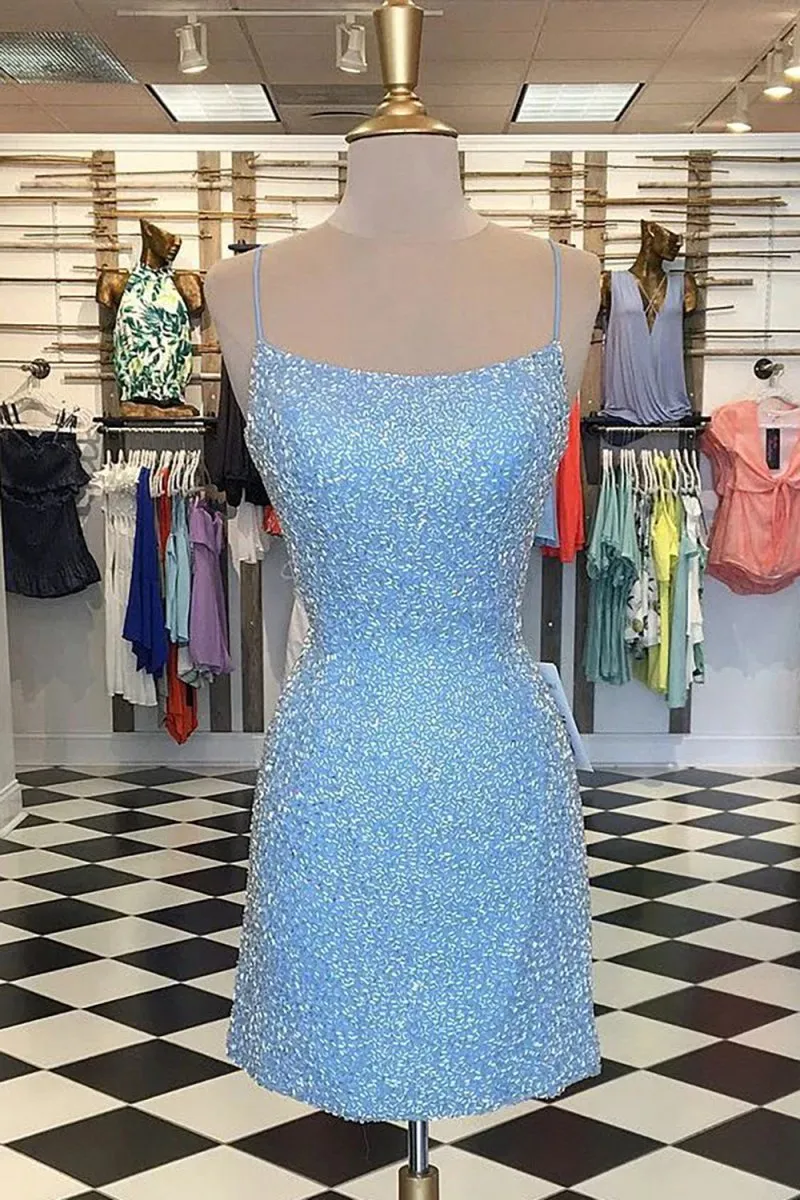 Bodycon Sequins Spaghetti Straps Short Homecoming Dresses with Criss Cross Back