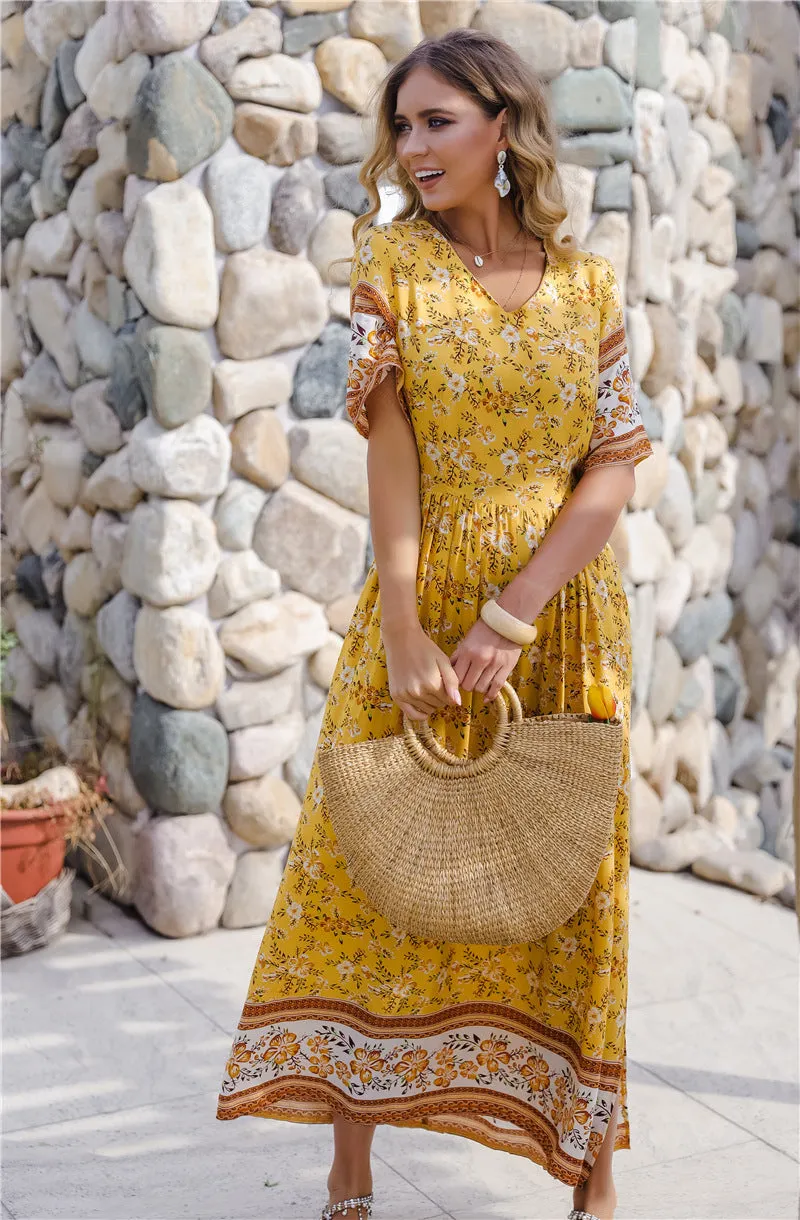 Bohemia Boho V-neck Floral Pleated Beach Maxi Dresses