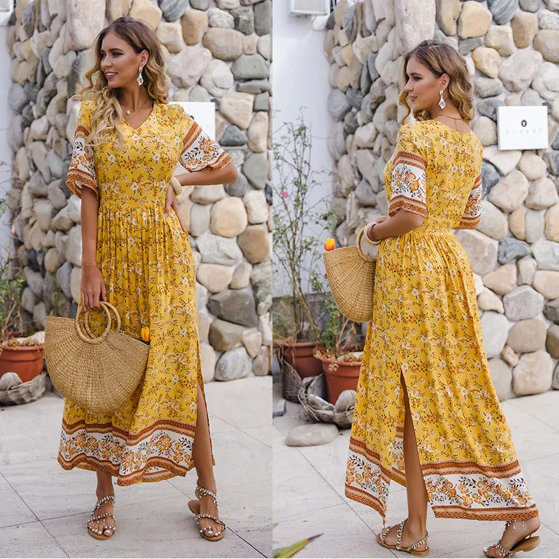 Bohemia Boho V-neck Floral Pleated Beach Maxi Dresses