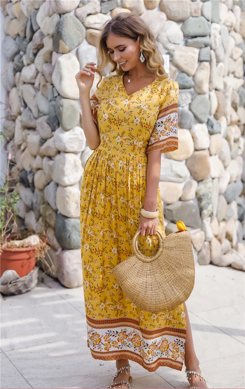 Bohemia Boho V-neck Floral Pleated Beach Maxi Dresses