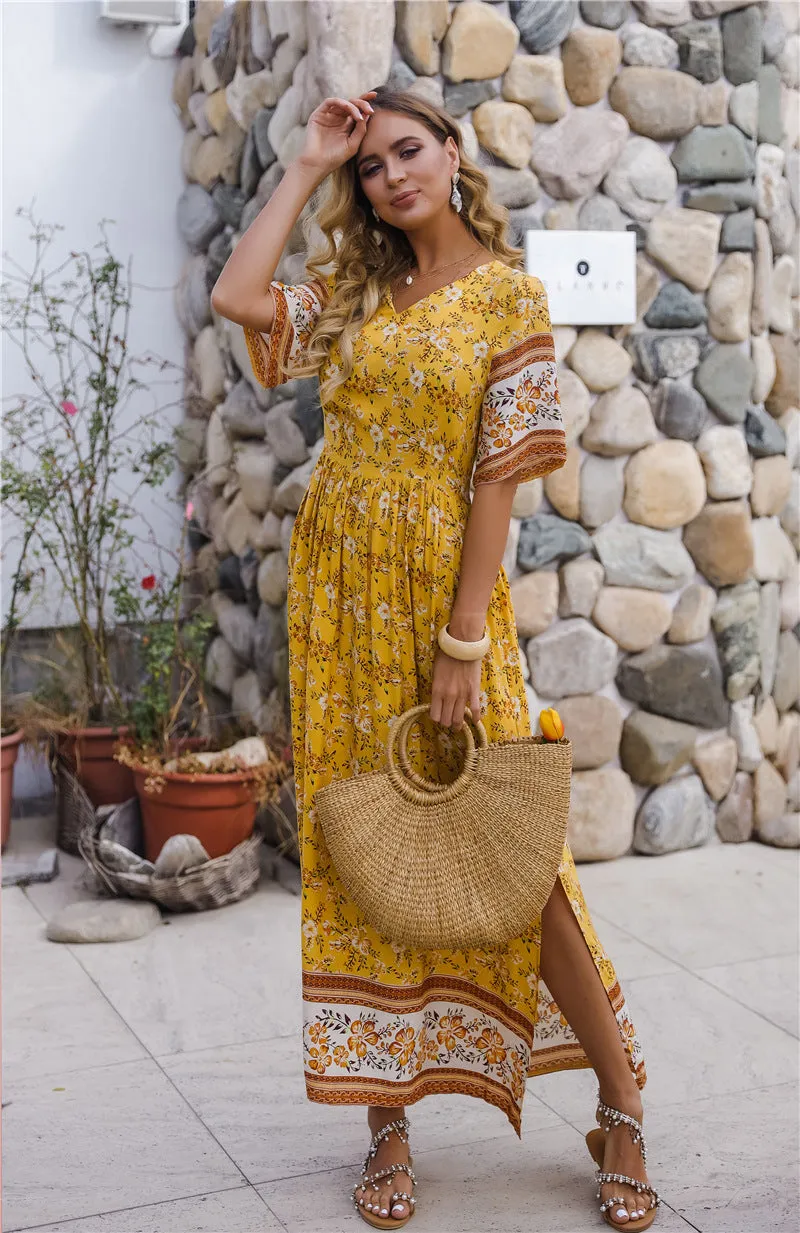 Bohemia Boho V-neck Floral Pleated Beach Maxi Dresses