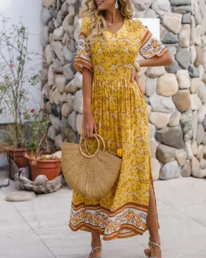 Bohemia Boho V-neck Floral Pleated Beach Maxi Dresses