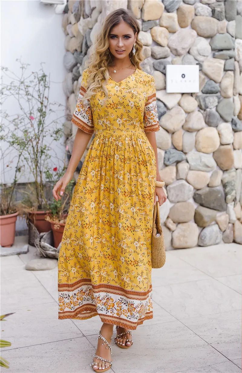Bohemia Boho V-neck Floral Pleated Beach Maxi Dresses