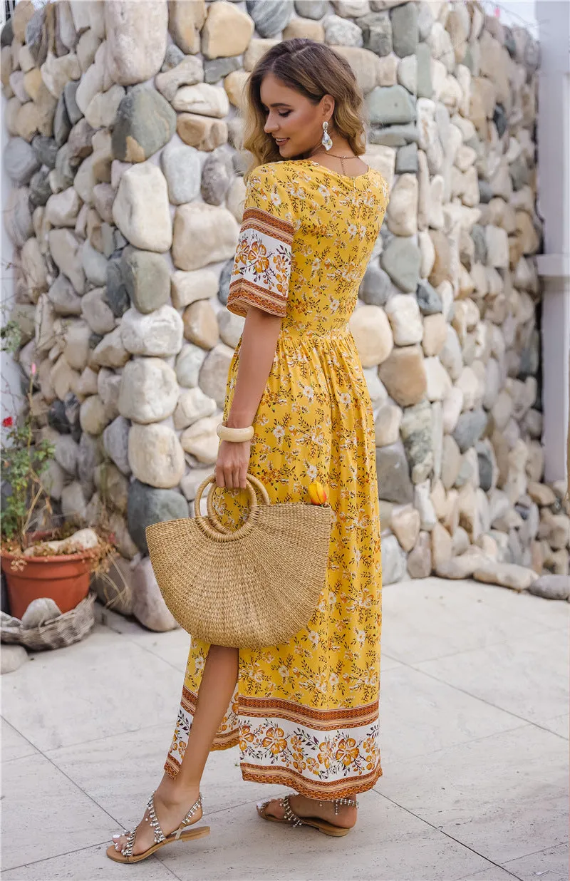 Bohemia Boho V-neck Floral Pleated Beach Maxi Dresses