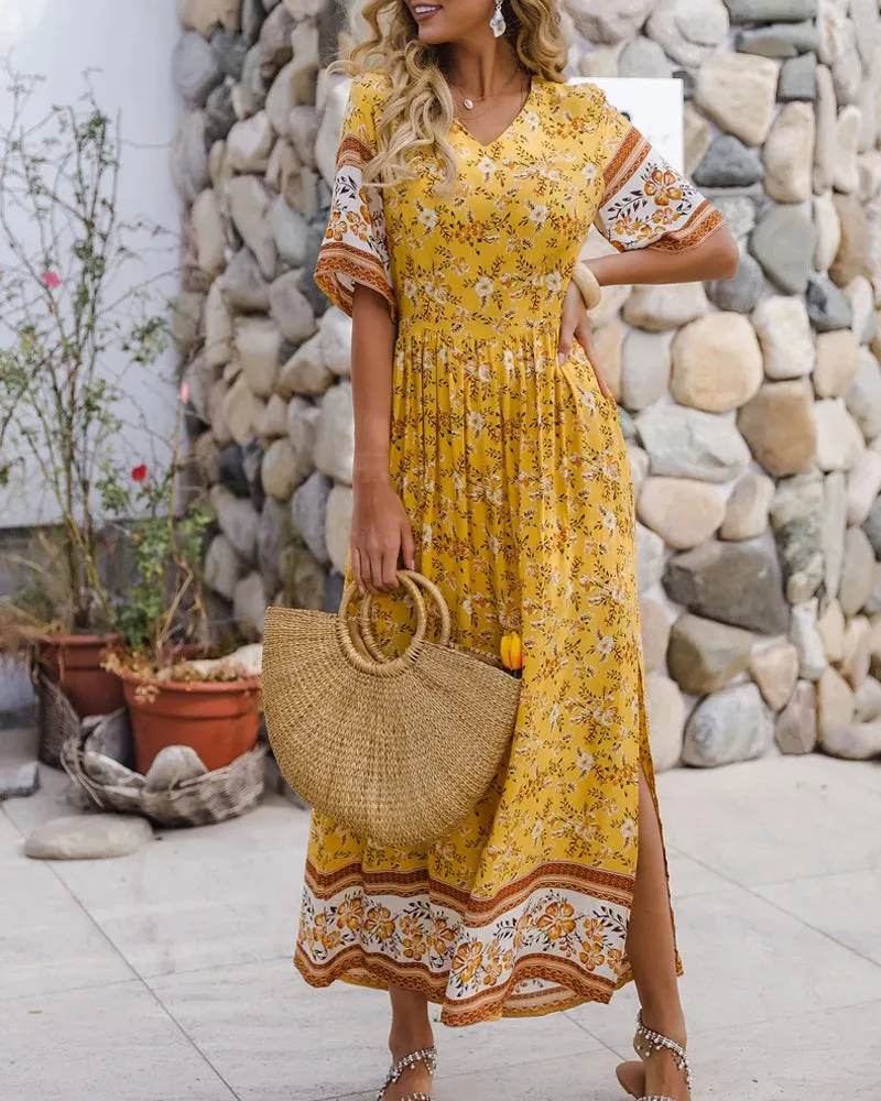 Bohemia Boho V-neck Floral Pleated Beach Maxi Dresses