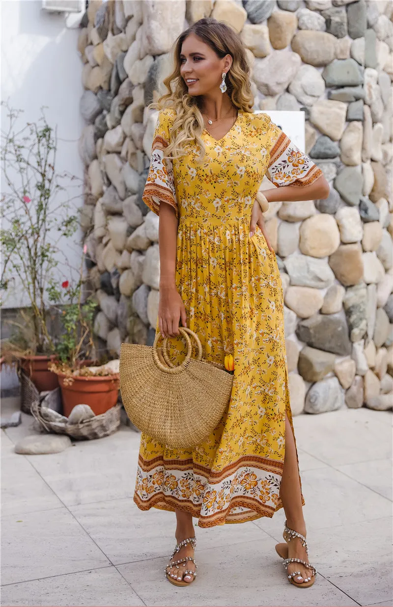 Bohemia Boho V-neck Floral Pleated Beach Maxi Dresses