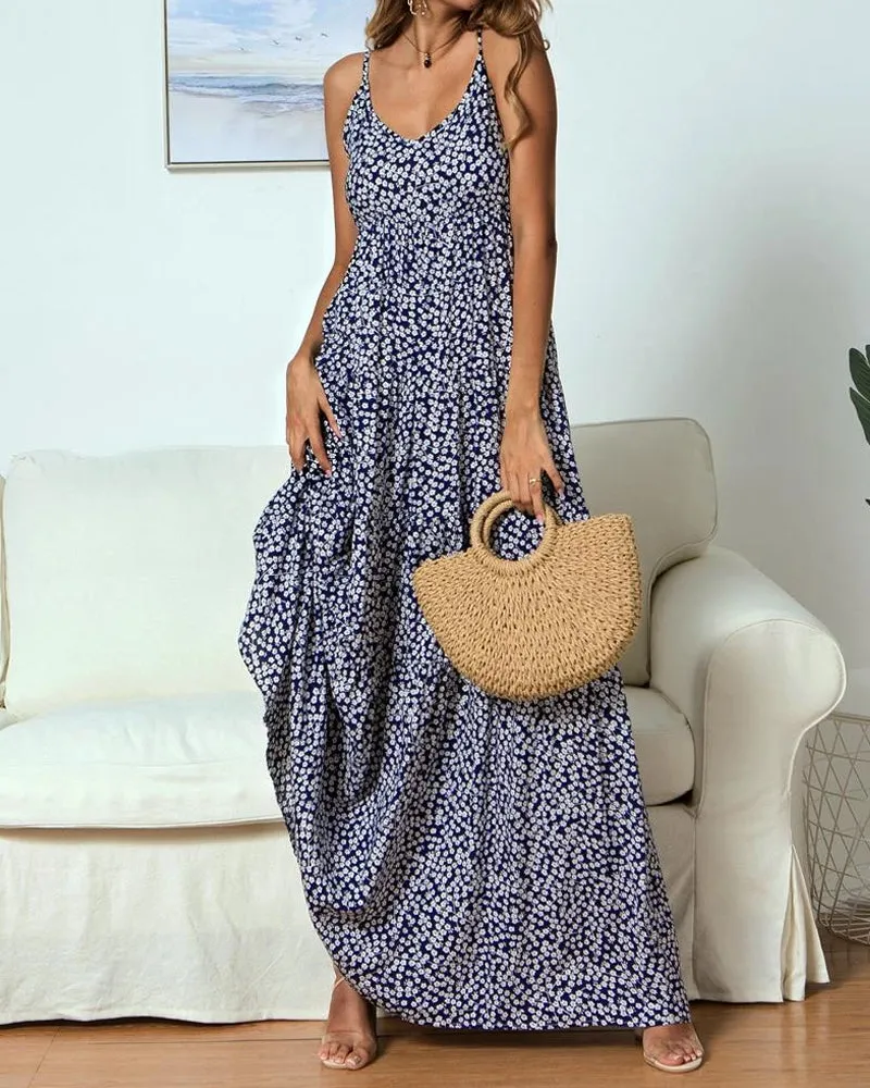 Bohemian Boho Suspenders V-neck Floral Maxi Dresses