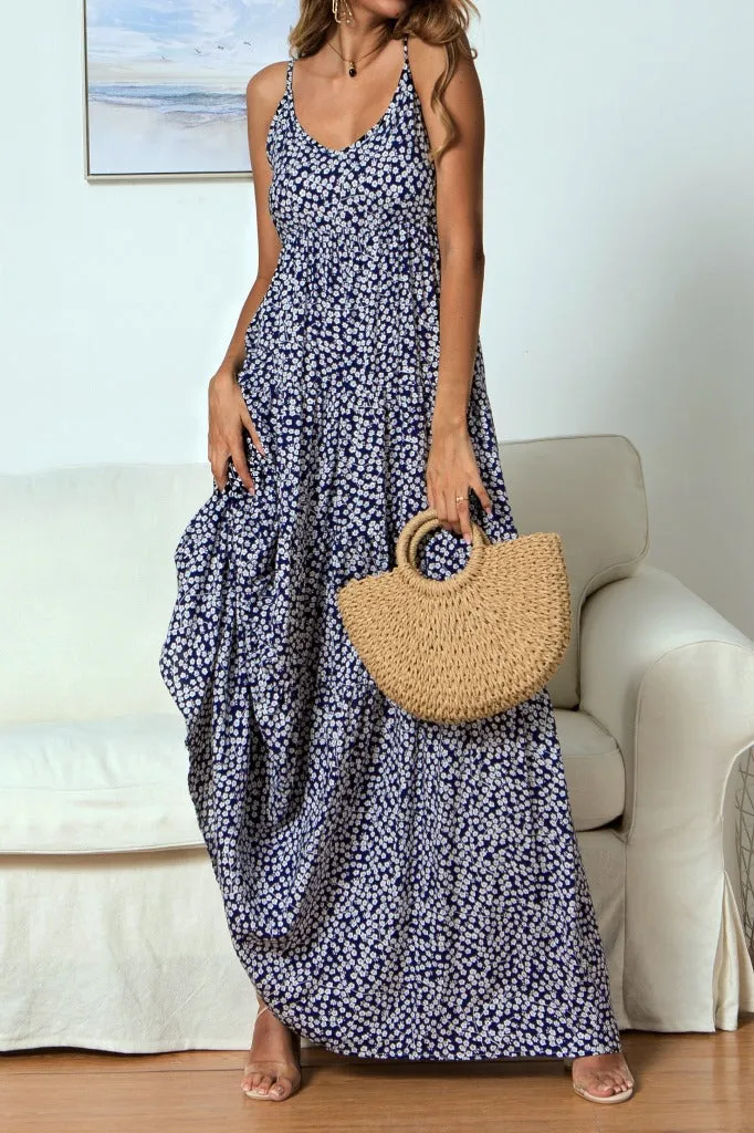 Bohemian Boho Suspenders V-neck Floral Maxi Dresses