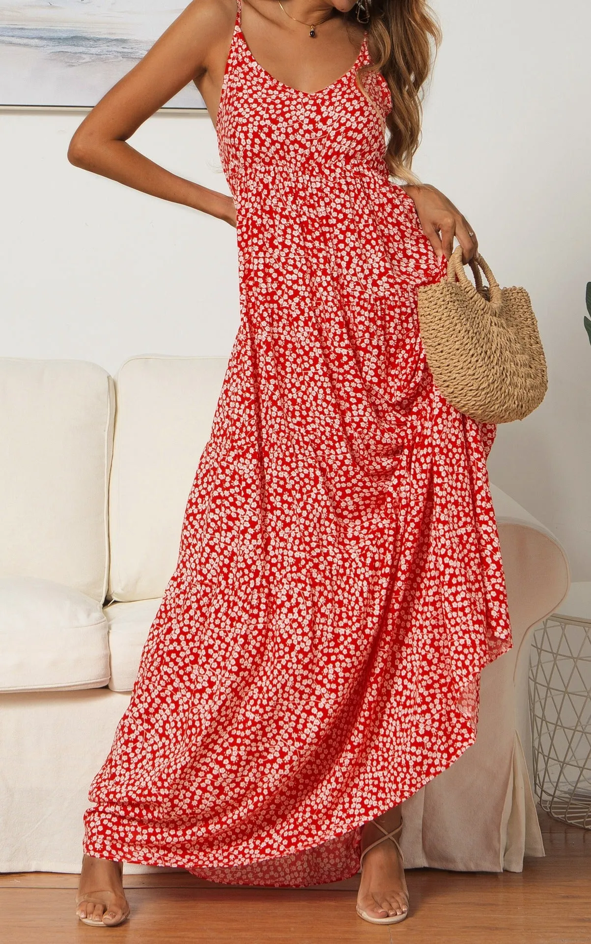 Bohemian Boho Suspenders V-neck Floral Maxi Dresses