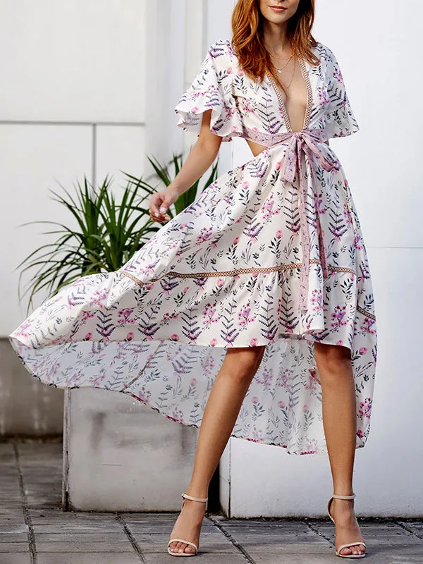 Bohemian Print Dress Print Stitching Openwork Dress