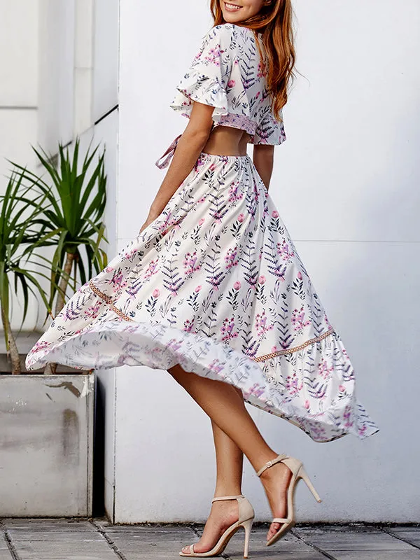 Bohemian Print Dress Print Stitching Openwork Dress