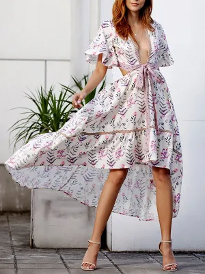 Bohemian Print Dress Print Stitching Openwork Dress