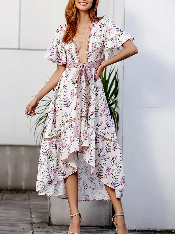 Bohemian Print Dress Print Stitching Openwork Dress