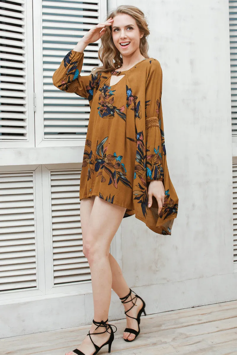 Boho loose fit dress Casual lantern sleeve floral short dress