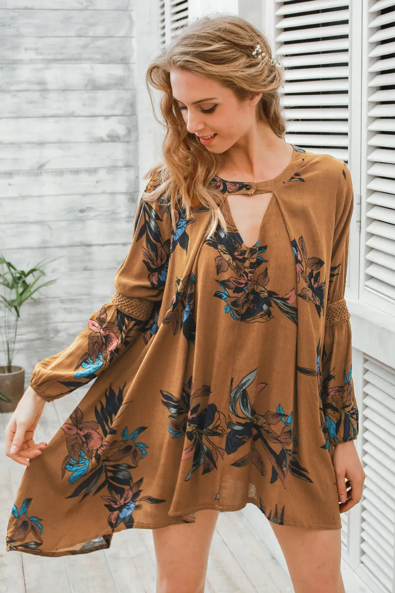 Boho loose fit dress Casual lantern sleeve floral short dress