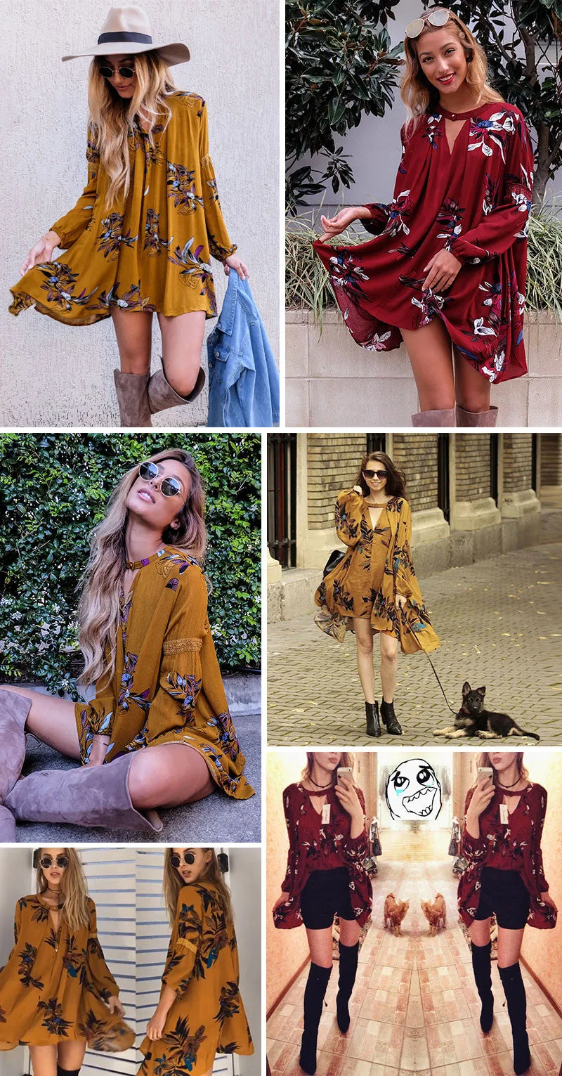 Boho loose fit dress Casual lantern sleeve floral short dress