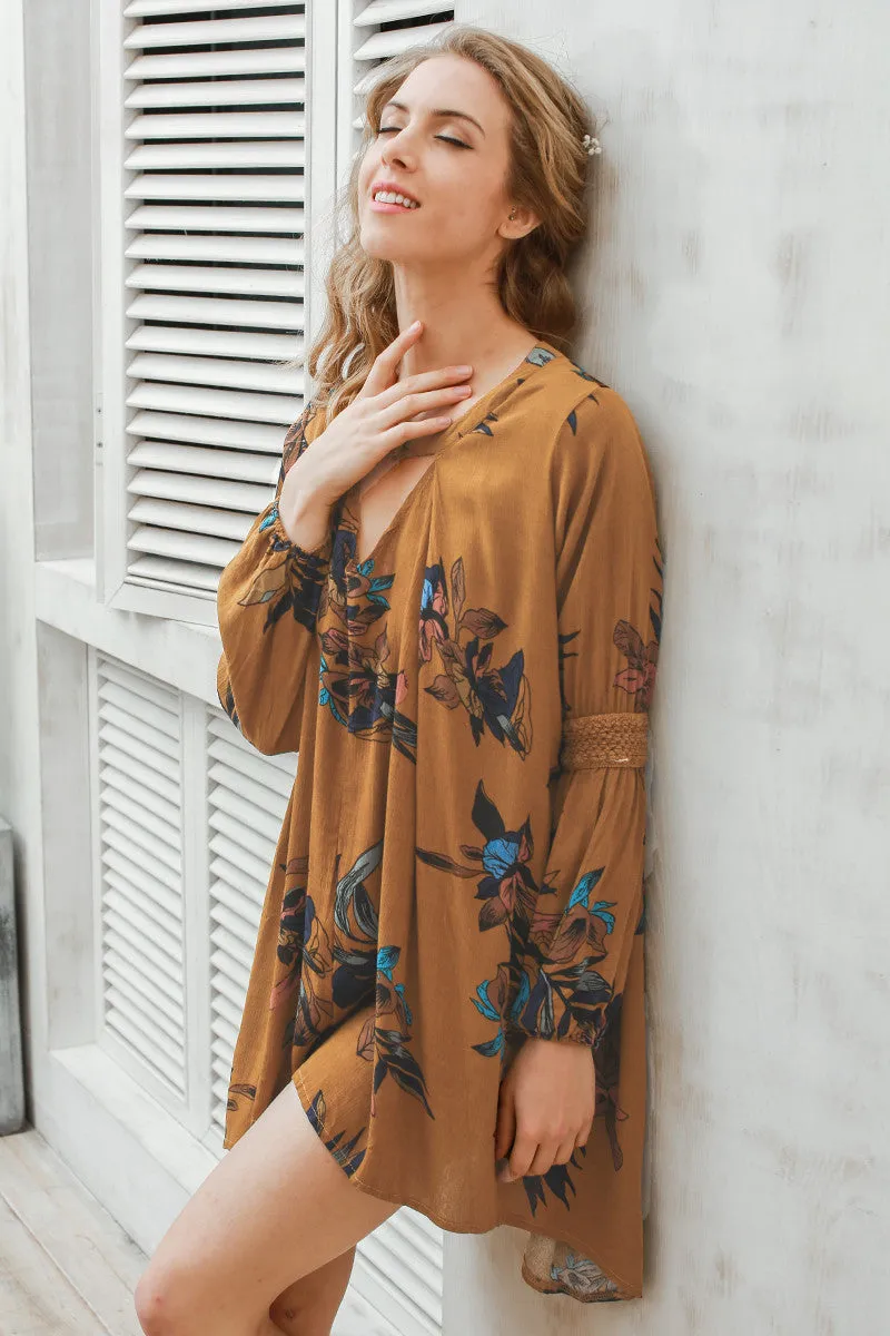 Boho loose fit dress Casual lantern sleeve floral short dress