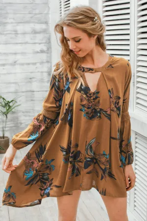 Boho loose fit dress Casual lantern sleeve floral short dress