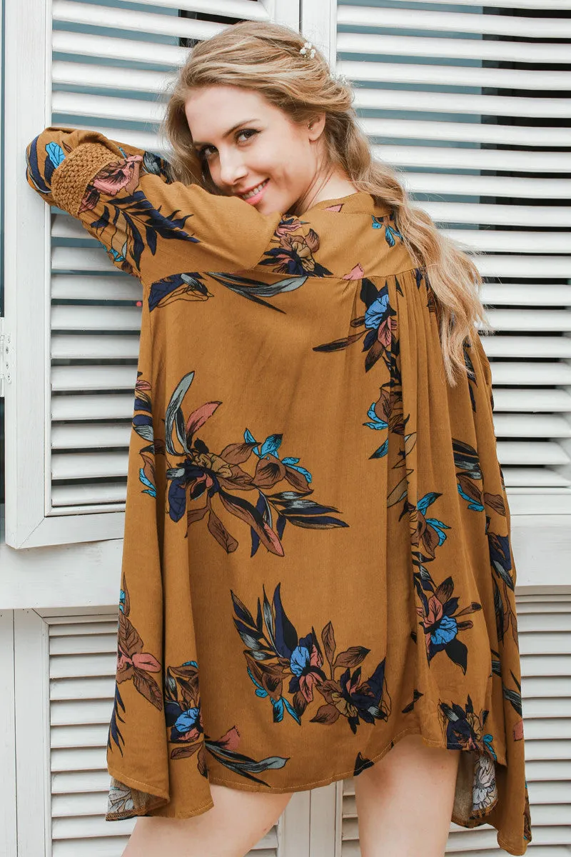Boho loose fit dress Casual lantern sleeve floral short dress