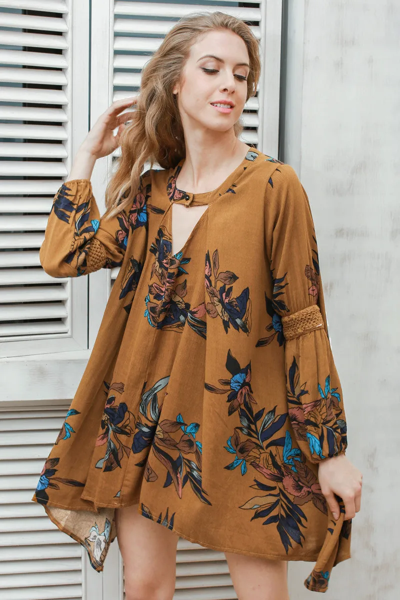 Boho loose fit dress Casual lantern sleeve floral short dress