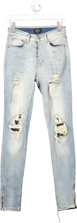 boohooMan Blue Skinny Stretch Rip And Repair Vintage Faded Jeans W28