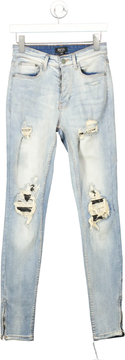 boohooMan Blue Skinny Stretch Rip And Repair Vintage Faded Jeans W28