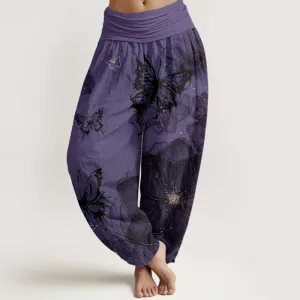 Buddha Stones Butterfly Flowers Pattern Women's Elastic Waist Harem Pants