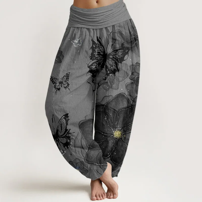 Buddha Stones Butterfly Flowers Pattern Women's Elastic Waist Harem Pants