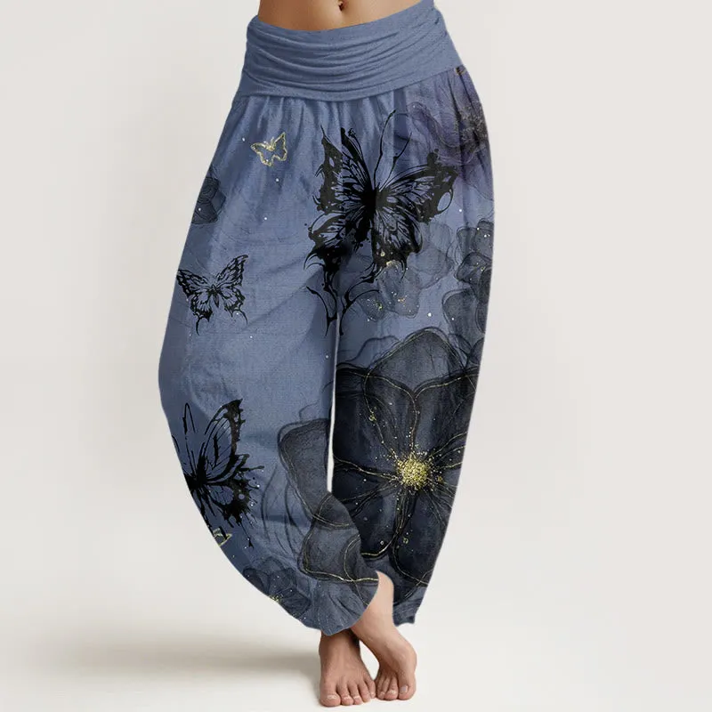Buddha Stones Butterfly Flowers Pattern Women's Elastic Waist Harem Pants