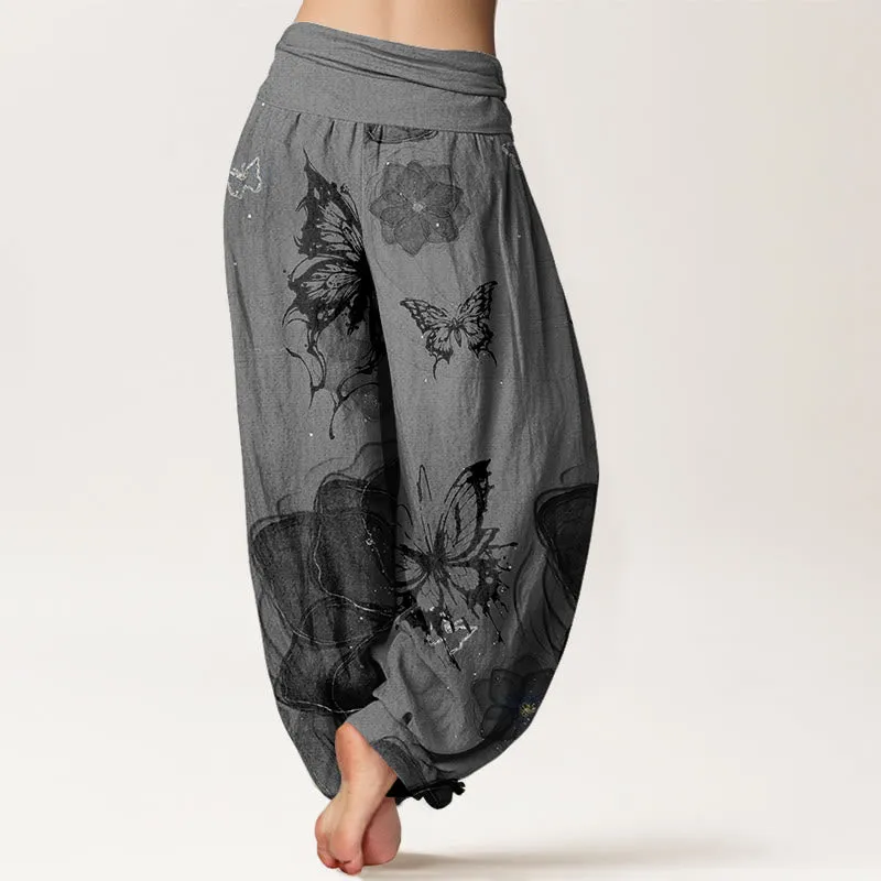 Buddha Stones Butterfly Flowers Pattern Women's Elastic Waist Harem Pants