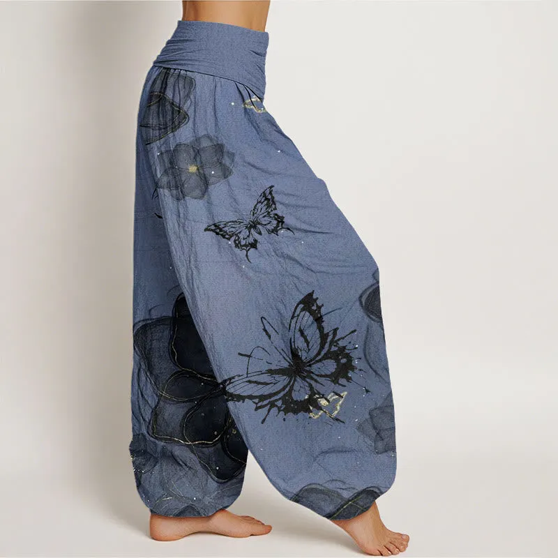 Buddha Stones Butterfly Flowers Pattern Women's Elastic Waist Harem Pants