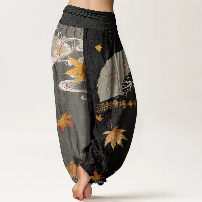 Buddha Stones Casual Folding Fan Flowers Maple Leaves Cloud Pattern Women's Elastic Waist Harem Pants