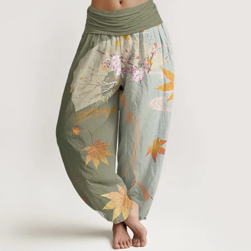 Buddha Stones Casual Folding Fan Flowers Maple Leaves Cloud Pattern Women's Elastic Waist Harem Pants