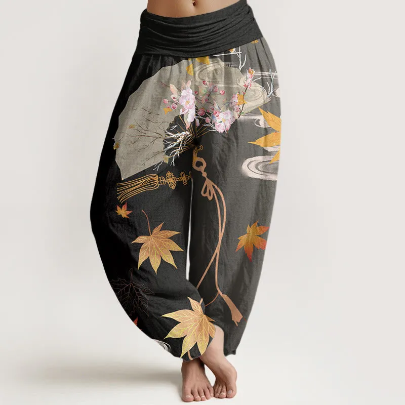 Buddha Stones Casual Folding Fan Flowers Maple Leaves Cloud Pattern Women's Elastic Waist Harem Pants