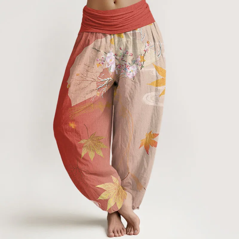 Buddha Stones Casual Folding Fan Flowers Maple Leaves Cloud Pattern Women's Elastic Waist Harem Pants