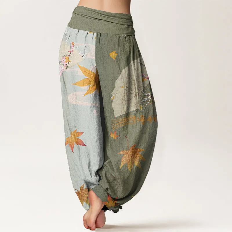Buddha Stones Casual Folding Fan Flowers Maple Leaves Cloud Pattern Women's Elastic Waist Harem Pants