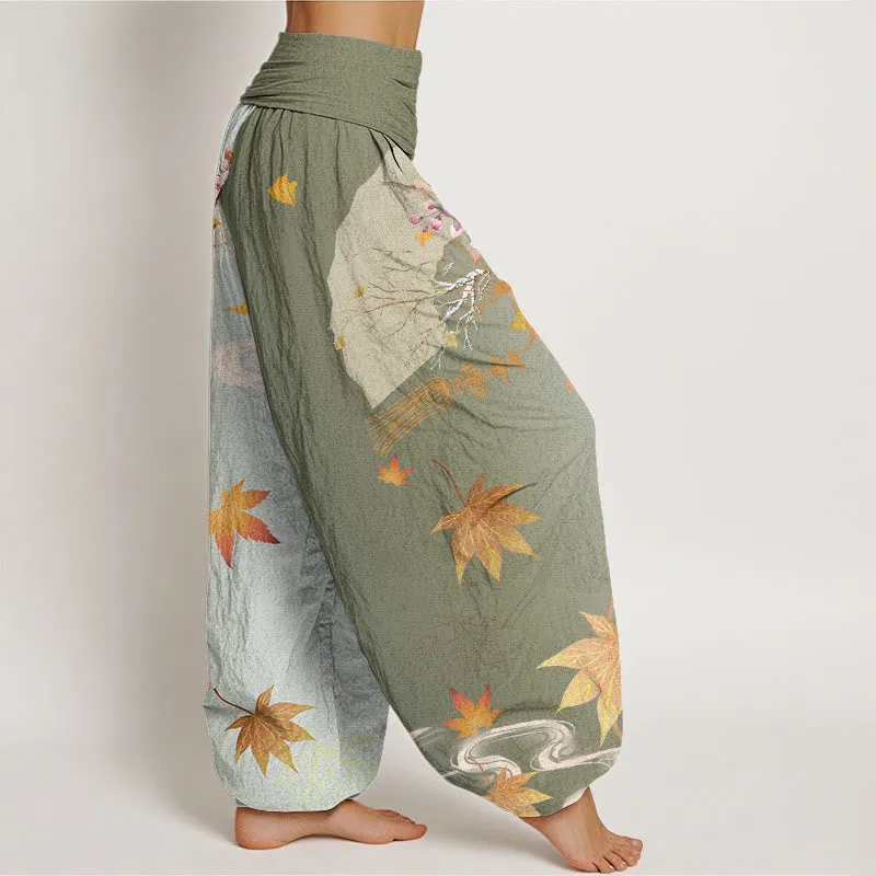 Buddha Stones Casual Folding Fan Flowers Maple Leaves Cloud Pattern Women's Elastic Waist Harem Pants