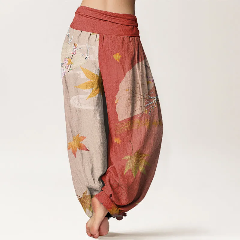 Buddha Stones Casual Folding Fan Flowers Maple Leaves Cloud Pattern Women's Elastic Waist Harem Pants