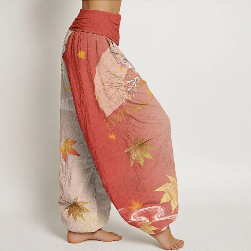 Buddha Stones Casual Folding Fan Flowers Maple Leaves Cloud Pattern Women's Elastic Waist Harem Pants