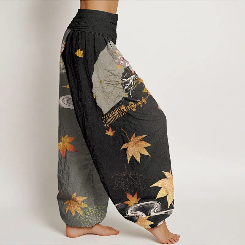 Buddha Stones Casual Folding Fan Flowers Maple Leaves Cloud Pattern Women's Elastic Waist Harem Pants